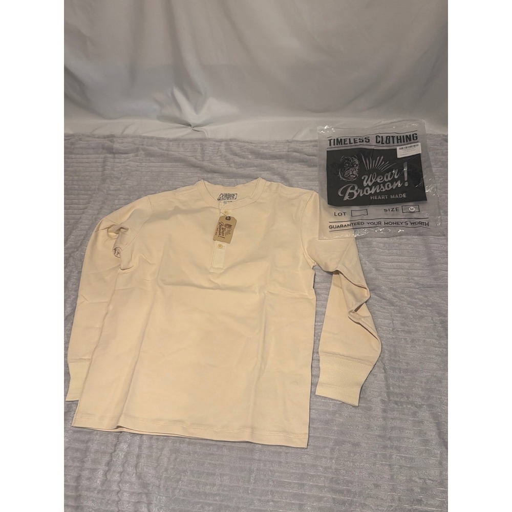 Bronson Mfg Co Mens Long Sleeve Henley Shirt Cream Off White Vintage Style M
